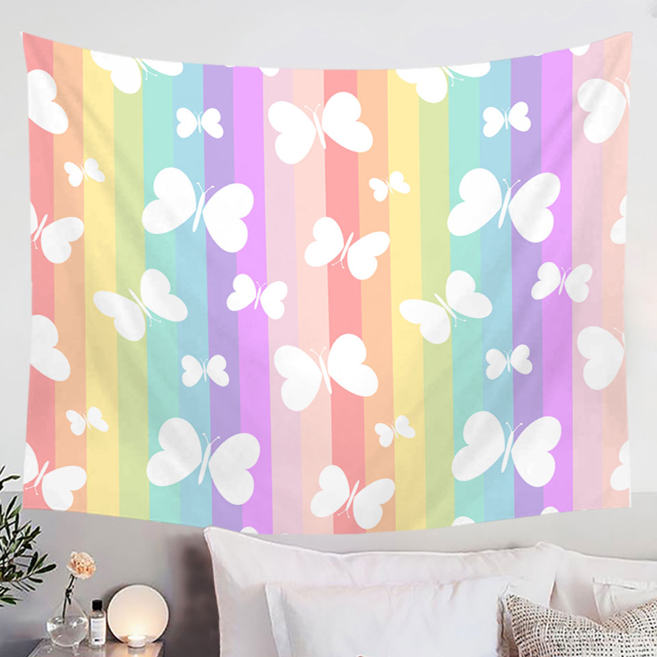 Rainbow Wall Decor Tapestry with Stripes and Butterflies