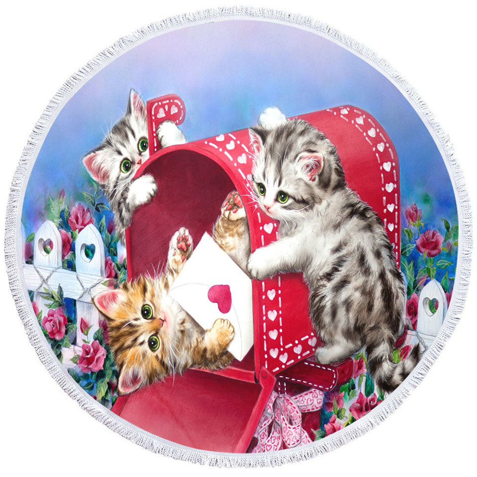 Red Mailbox and Roses Cute Sweet Kittens Round Beach Towel for Kids