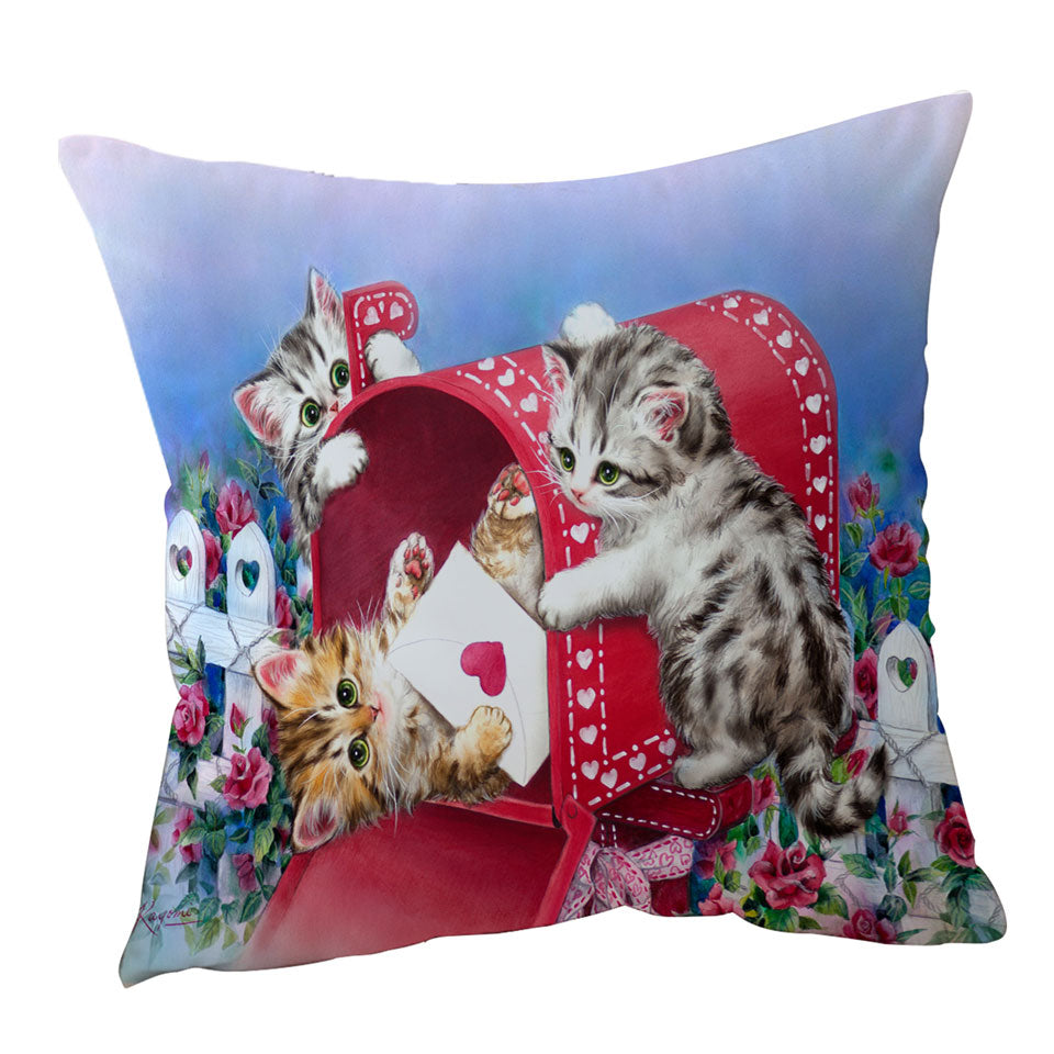 Red Mailbox and Roses Cute Sweet Kittens Throw Pillow for Kids