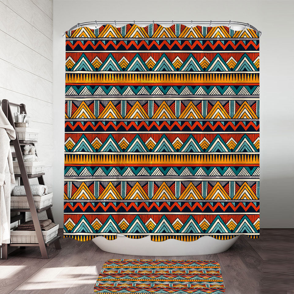 Red Orange Teal African Design Shower Curtains and Bathroom Rugs for Decor