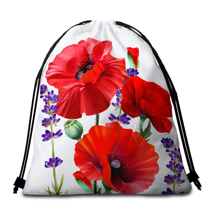 Red Poppy and Purple Lavender Beach Towel Bags