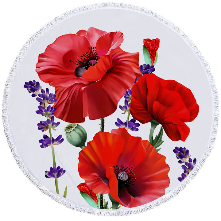 Red Poppy and Purple Lavender Round Beach Towel