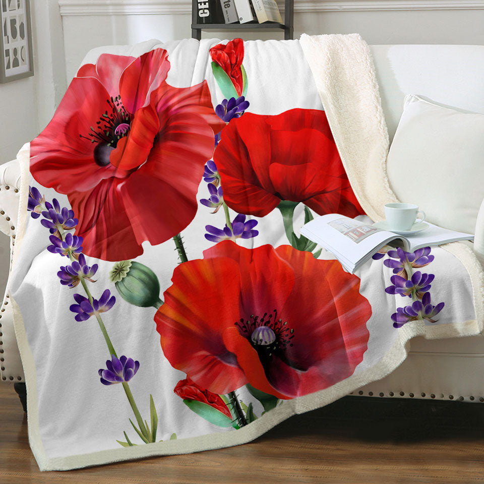 Red Poppy and Purple Lavender Sherpa Blanket