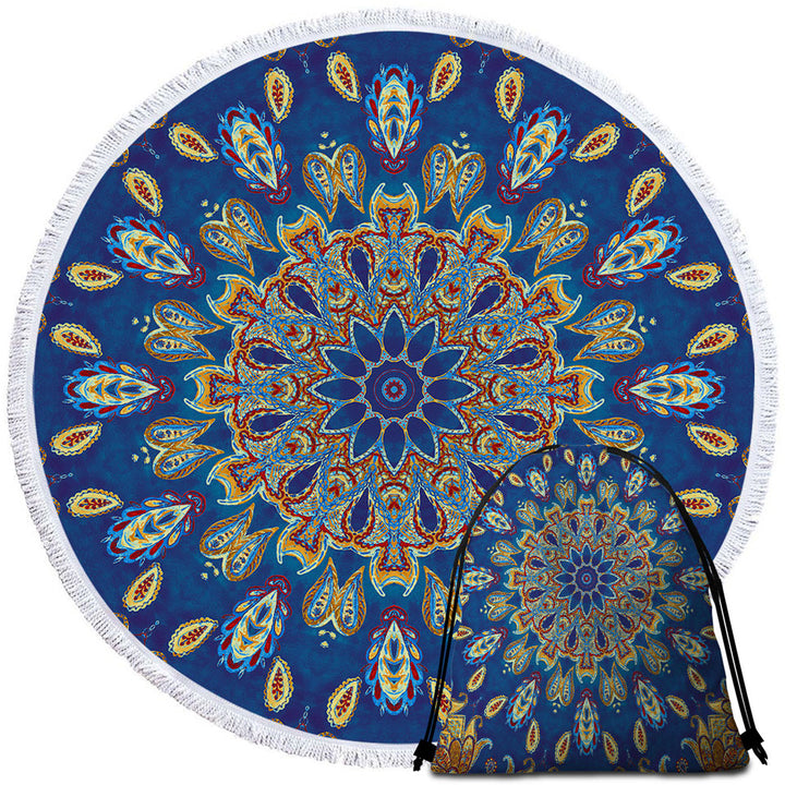 Red Yellow Blue Oriental Paisley Mandala Round Beach Towel