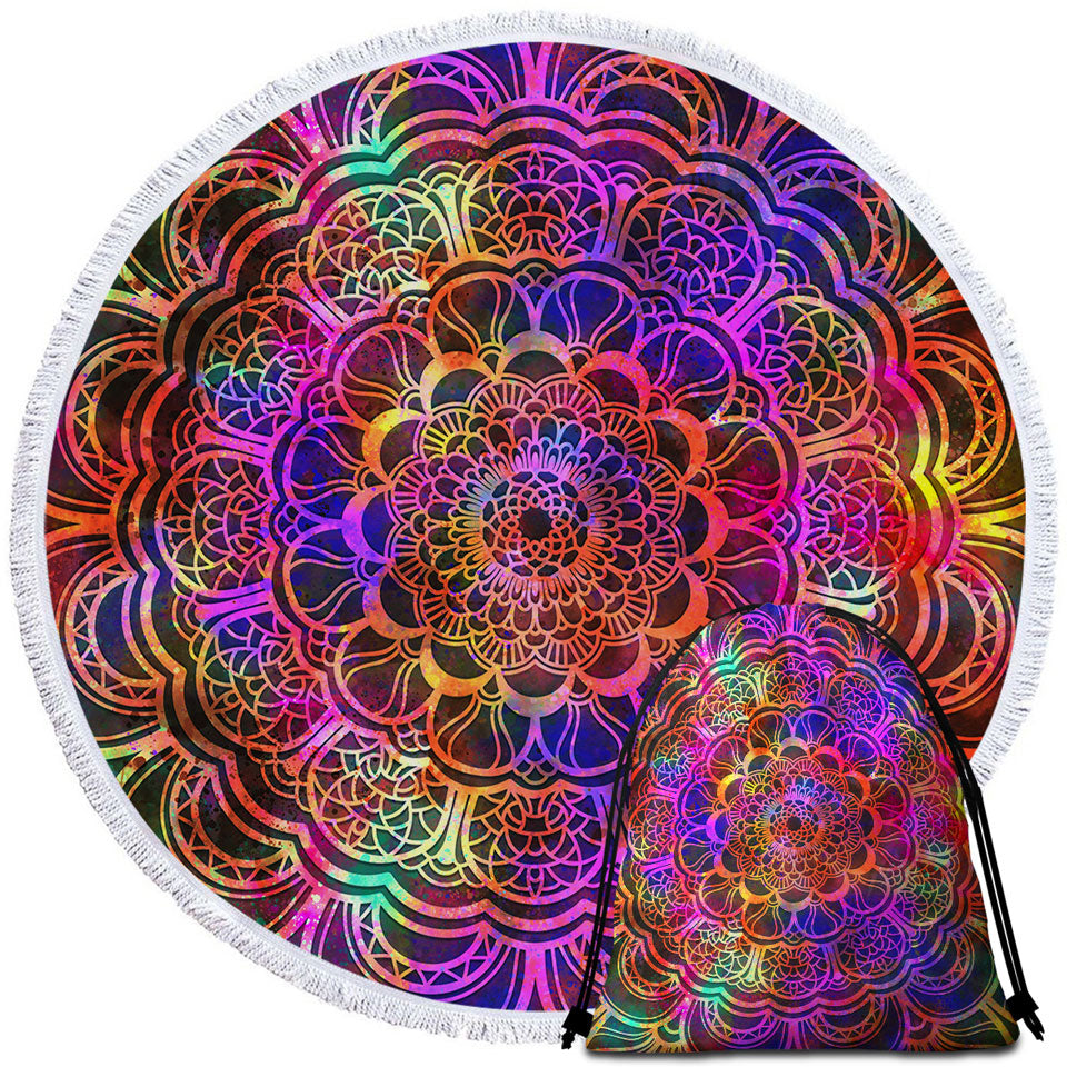 Red to Purple Oriental Mandala Circle Beach Towel