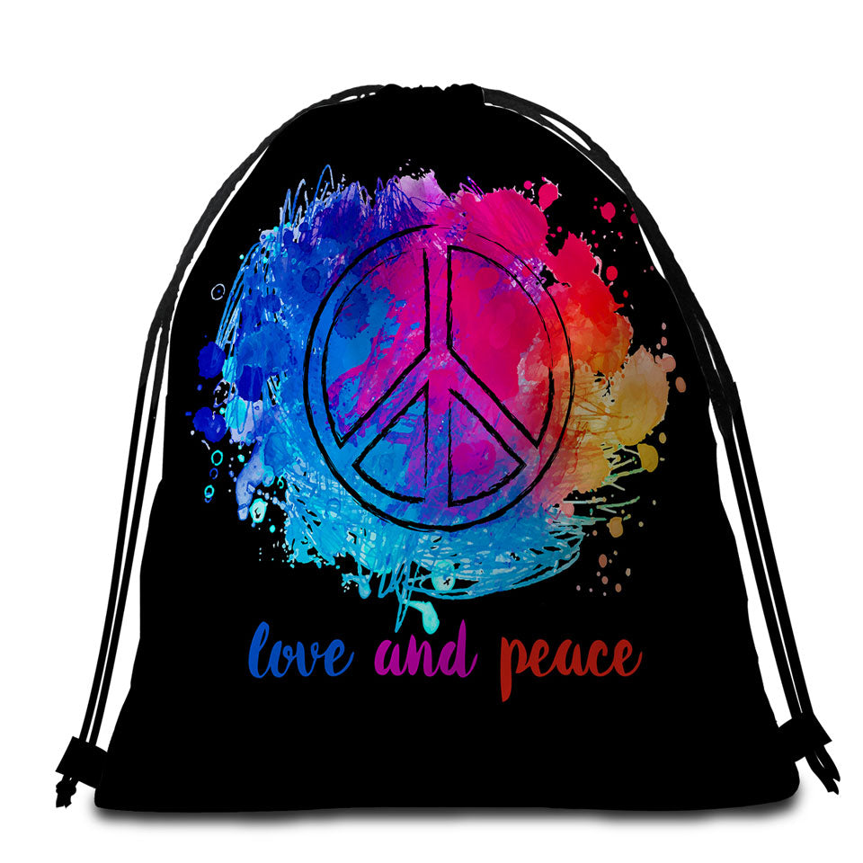 Reddish Blue Love and Peace Packable Beach Towel