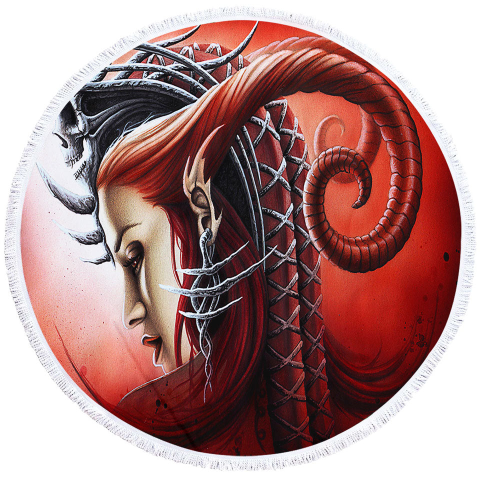 Redhead Woman Gothic Fantasy Art Queen Evil Round Beach Towel