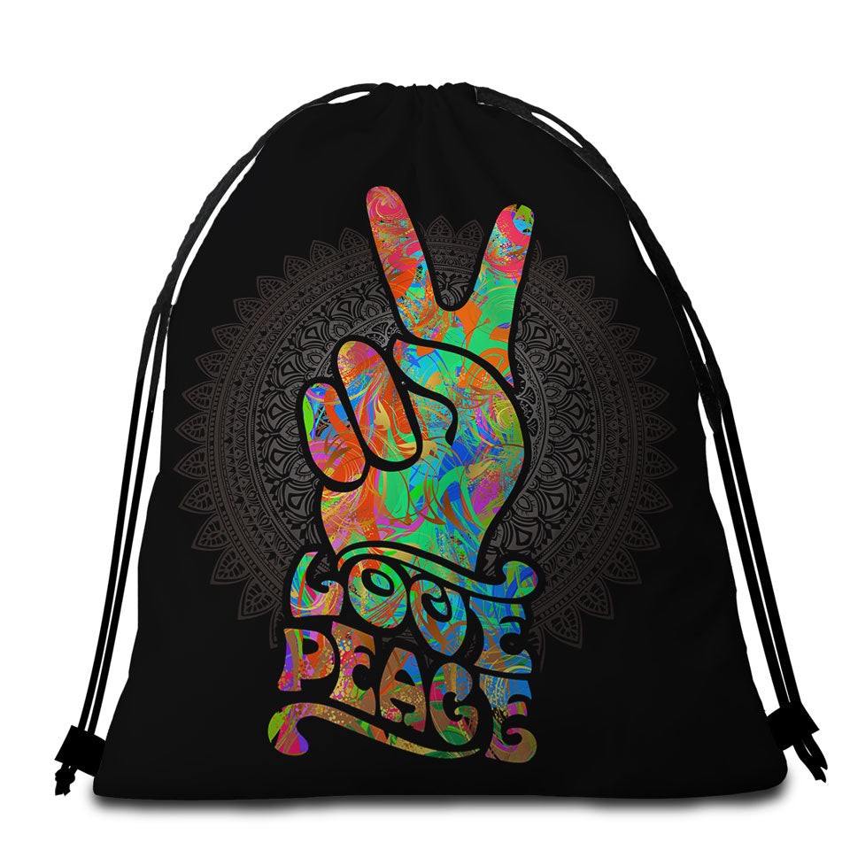 Retro Beach Towel Bags Love Peace over Dark Mandala