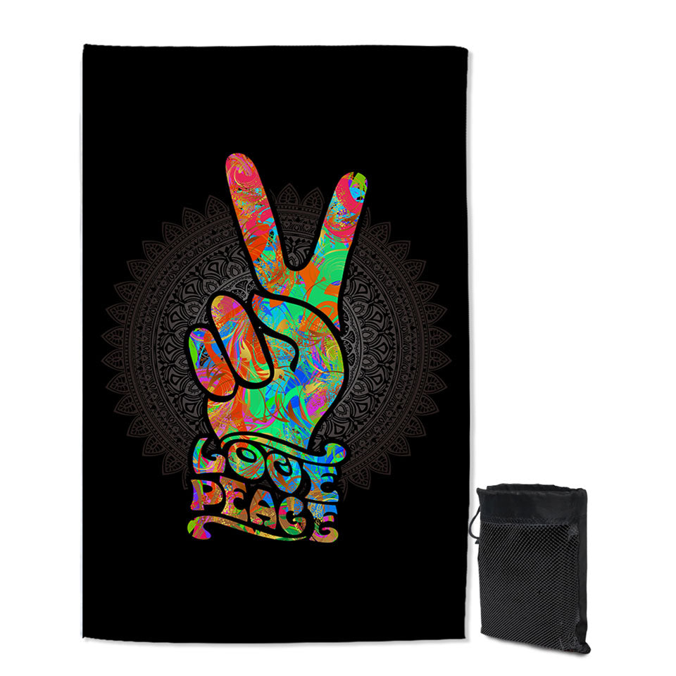 Retro Beach Towels for Travel Love Peace over Dark Mandala