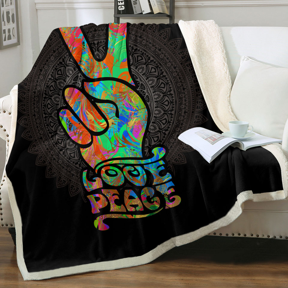 Retro Throw Blankets Love Peace over Dark Mandala