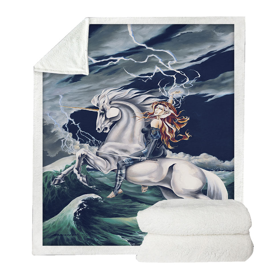 Rolling Thunder Ocean Unicorn and Female Warrior Couch Throws