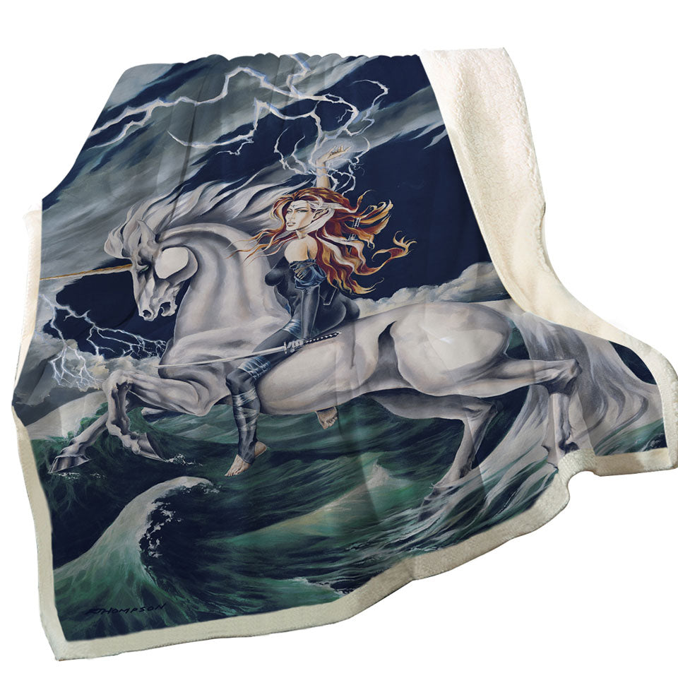 Rolling Thunder Ocean Unicorn and Female Warrior Throw Blanket for Cool Apartment