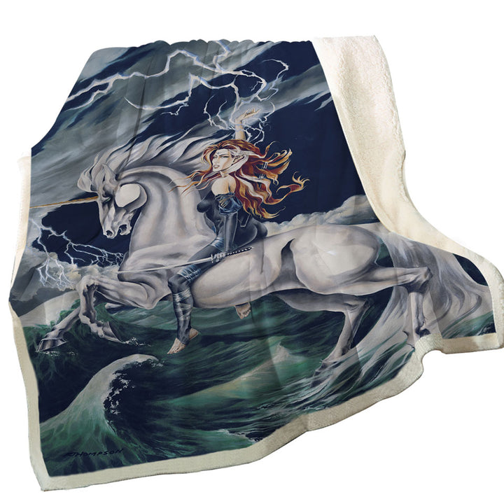 Rolling Thunder Ocean Unicorn and Female Warrior Throw Blanket for Cool Apartment