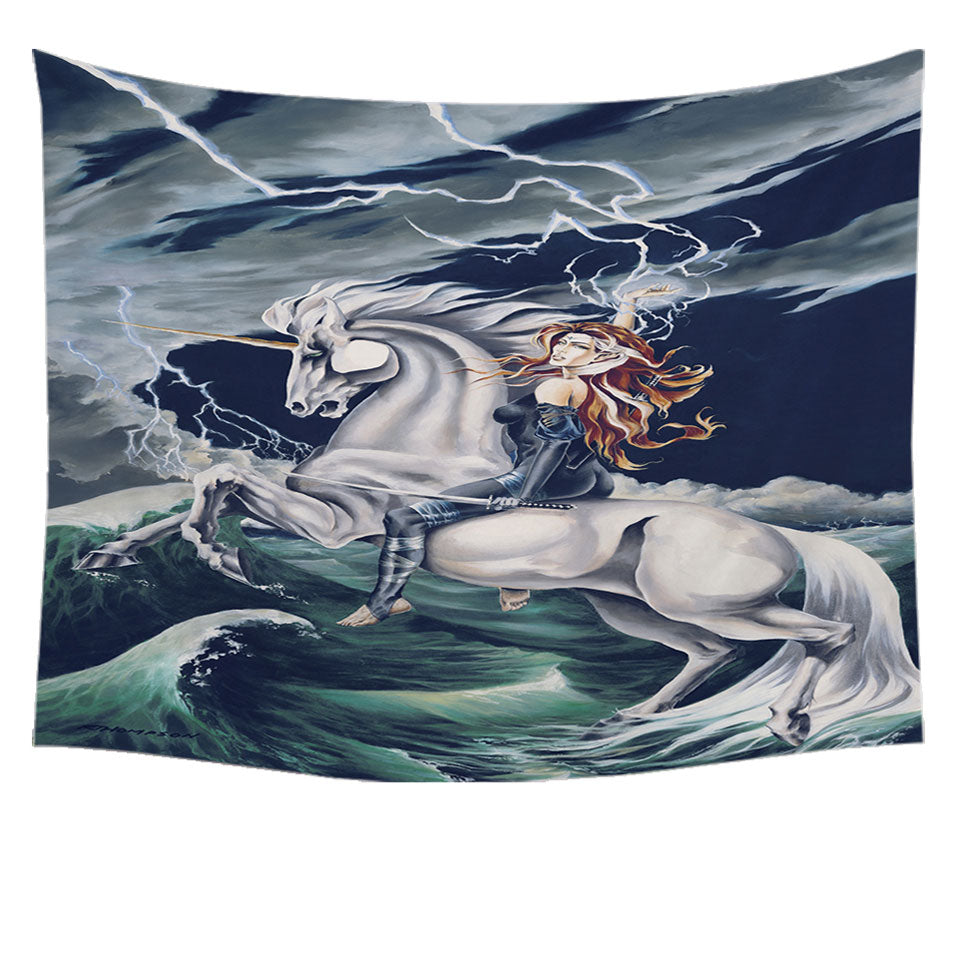 Rolling Thunder Ocean Unicorn and Female Warrior Wall Decor Tapestry