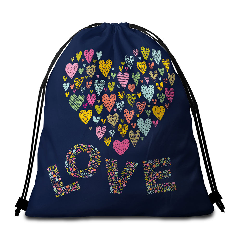 Romantic Beach Towel Bags Floral Love and Multi Colored Heart of Hearts