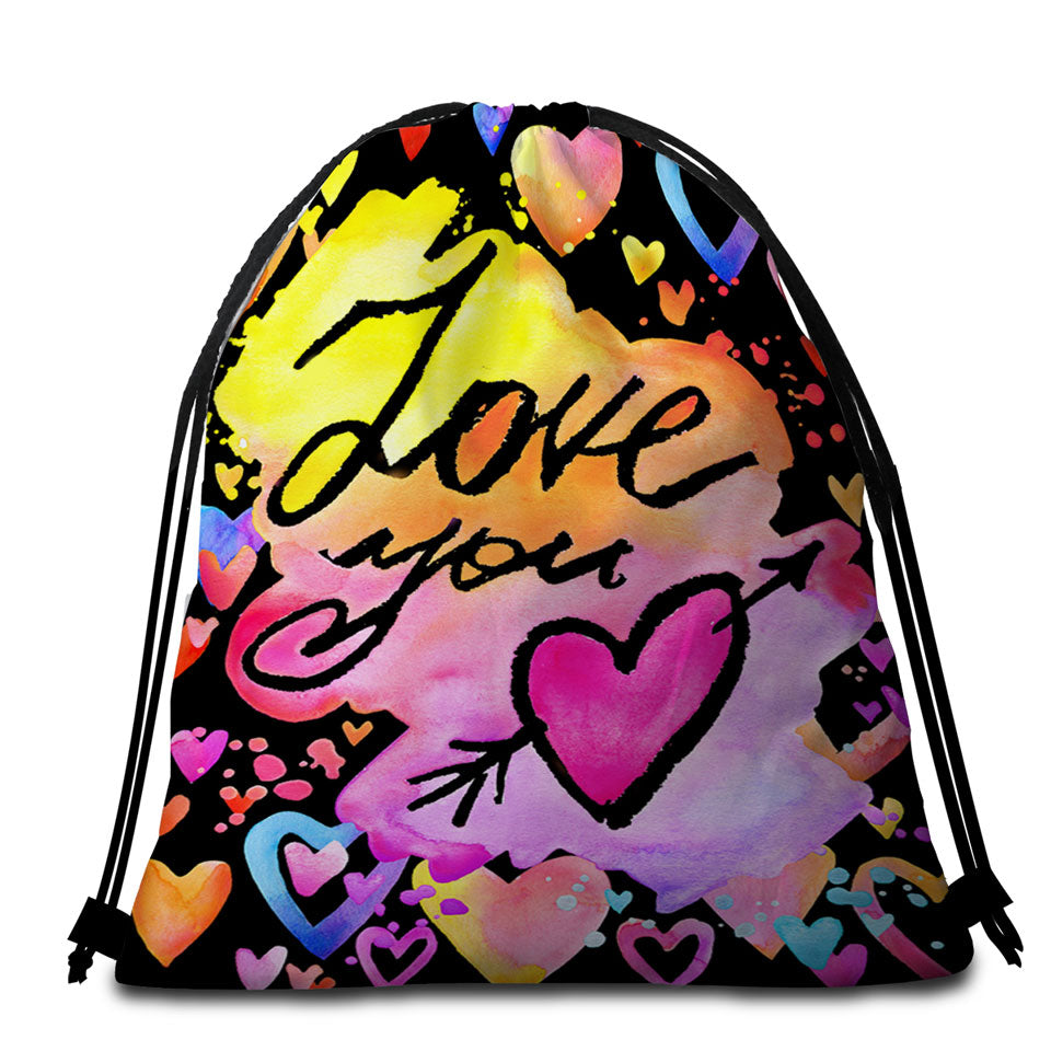 Romantic Beach Towel Bags Love You Colorful Hearts
