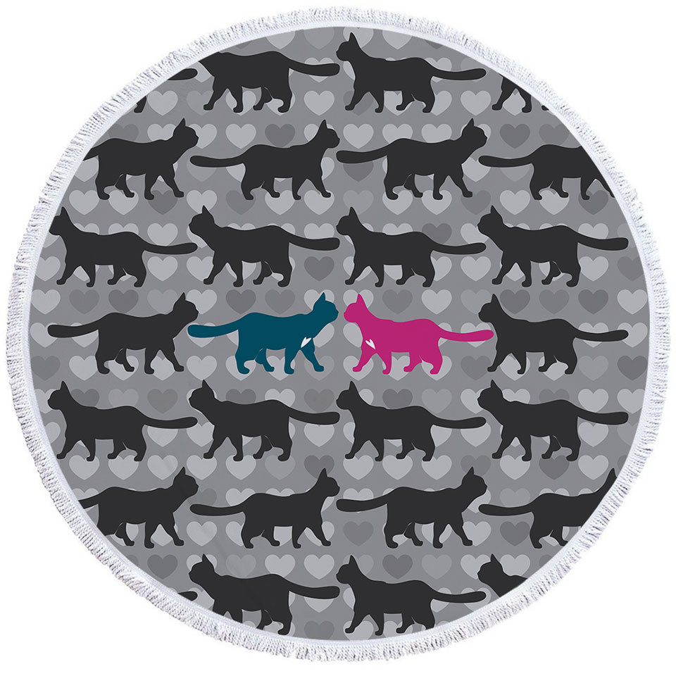 Romantic Circle Beach Towel Cats Hearts and Cat Silhouettes