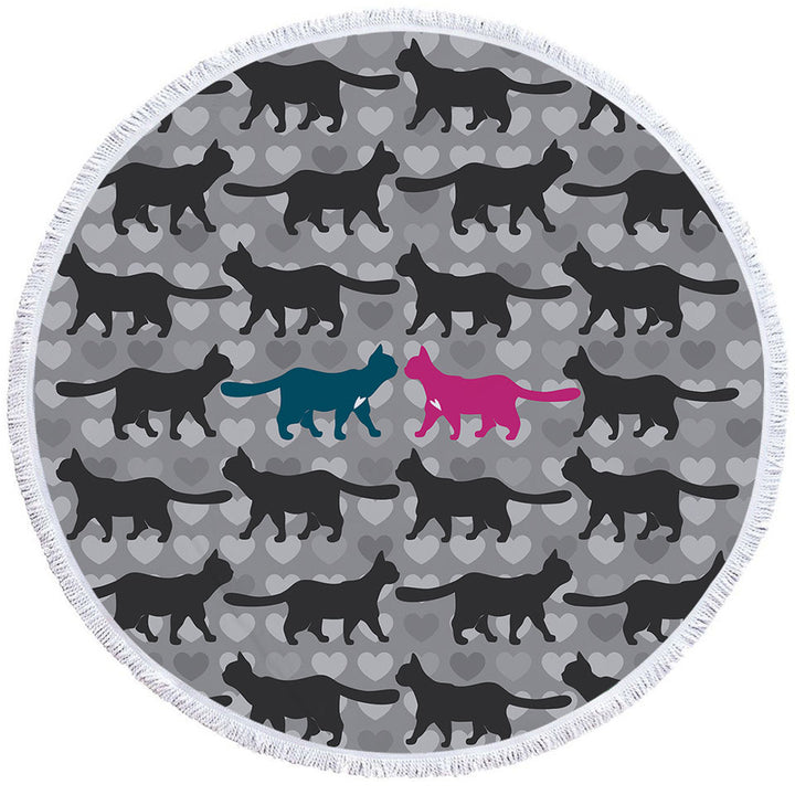 Romantic Circle Beach Towel Cats Hearts and Cat Silhouettes