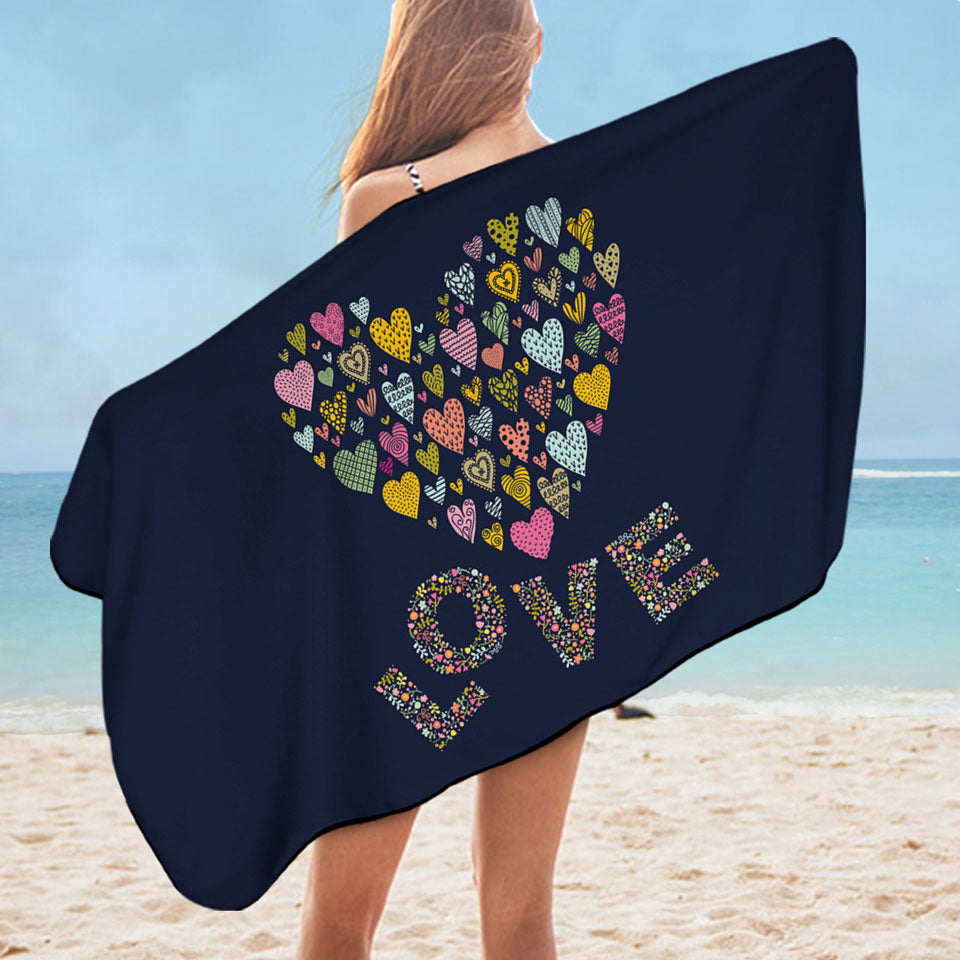 Romantic Microfibre Beach Towels Floral Love and Multi Colored Heart of Hearts