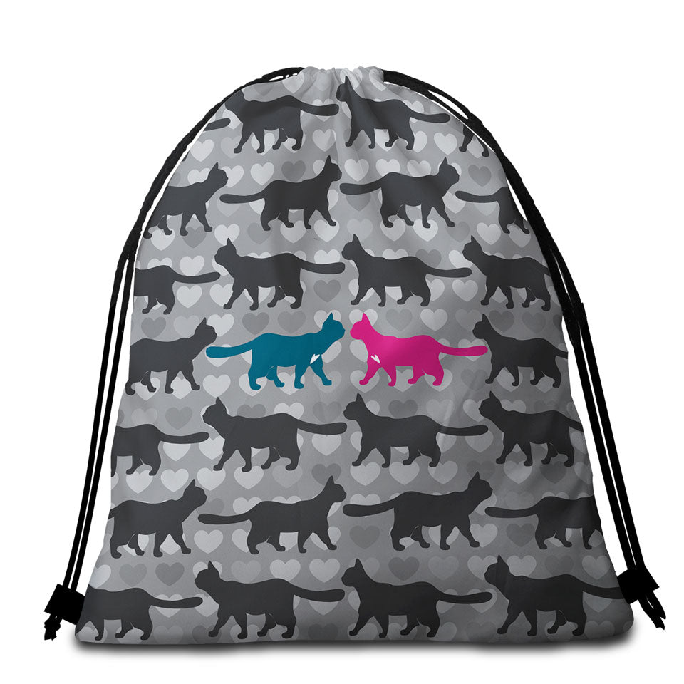 Romantic Packable Beach Towel Cats Hearts and Cat Silhouettes