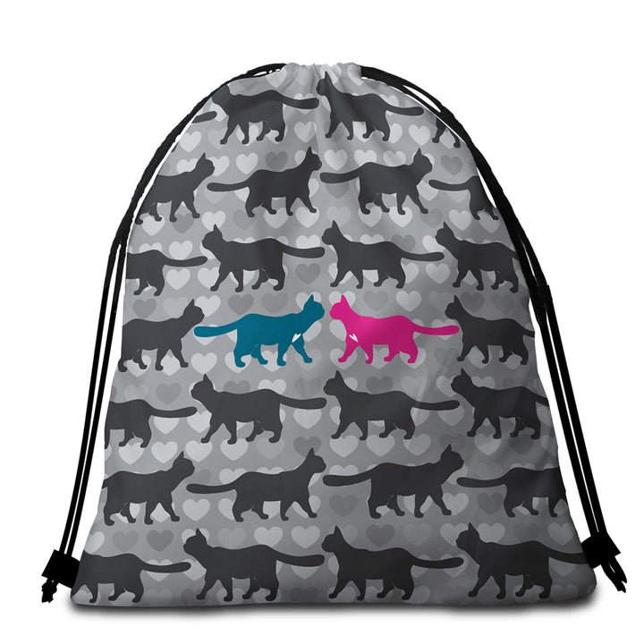 Romantic Packable Beach Towel Cats Hearts and Cat Silhouettes
