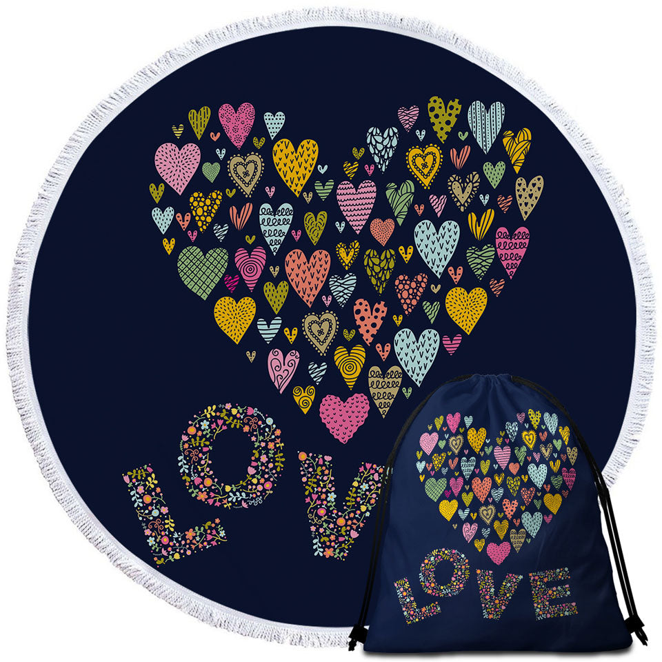 Romantic Round Beach Towel Floral Love and Multi Colored Heart of Hearts