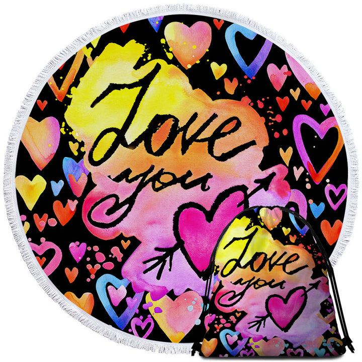 Romantic Round Beach Towel Love You Colorful Hearts