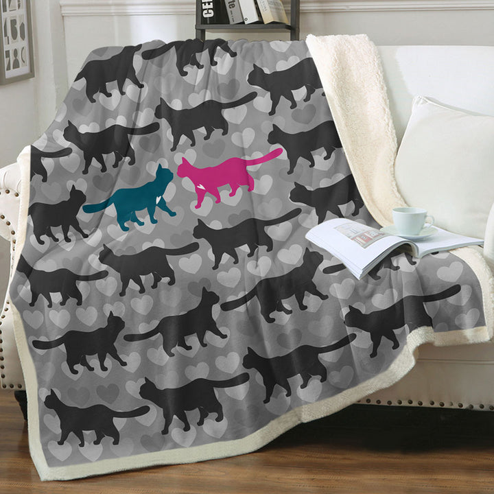 Romantic Sofa Blankets Cats Hearts and Cat Silhouettes