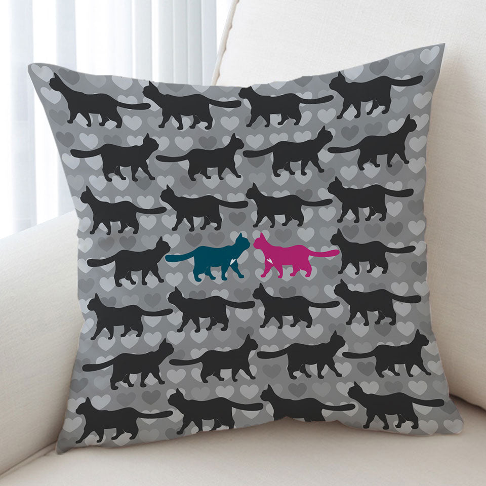 Romantic Throw Cushions Cats Hearts and Cat Silhouettes