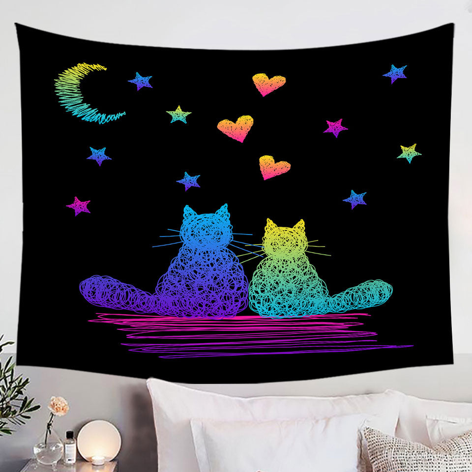 Romantic Wall Decor Tapestry with Cats Artistic Drawing