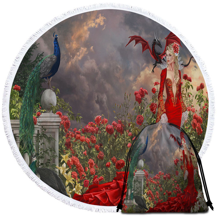 Roses Beach Towels and Bags Set Garden Peacocks Dragon and Beautiful Red Dressed Woman