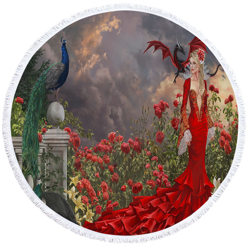 Roses Circle Beach Towel Garden Peacocks Dragon and Beautiful Red Dressed Woman