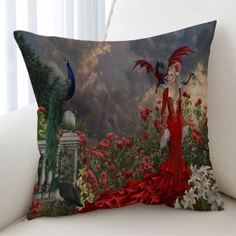 Roses Cushion Garden Peacocks Dragon and Beautiful Red Dressed Woman