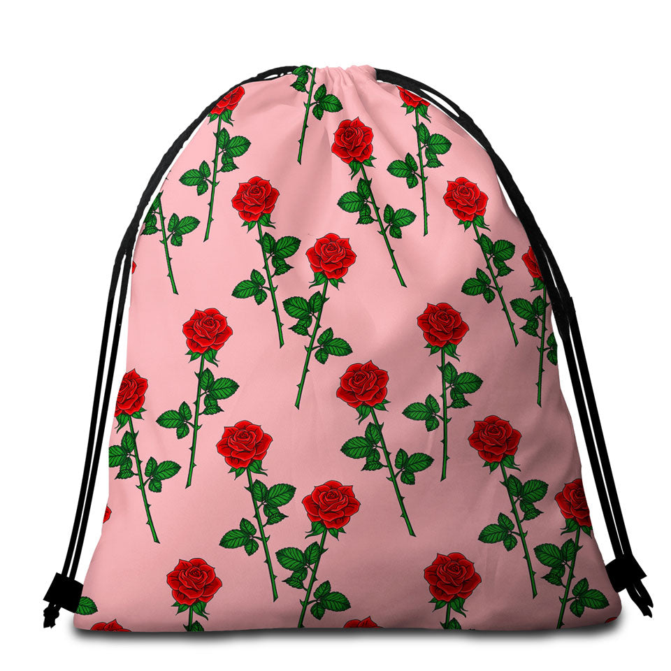 Roses Pattern over Pink Beach Towel Bags