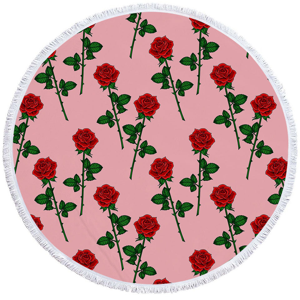 Roses Pattern over Pink Round Beach Towel