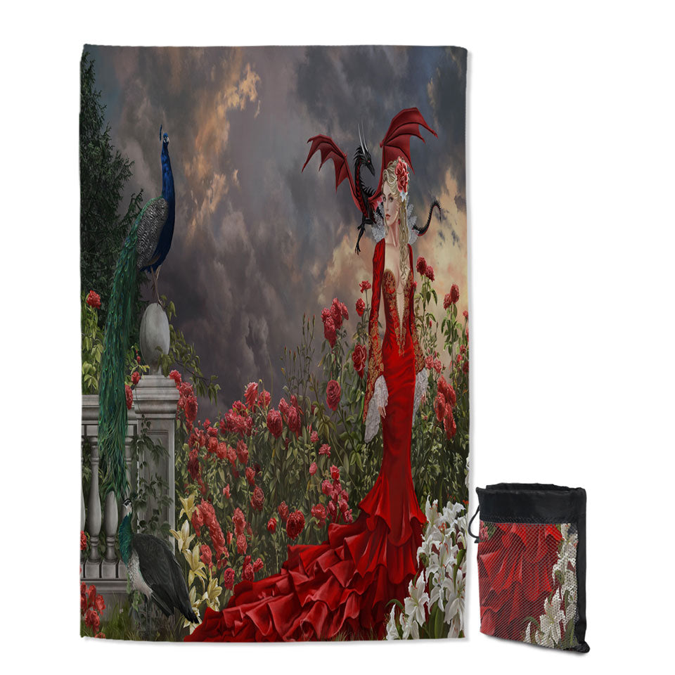 Roses Quick Dry Beach Towel Garden Peacocks Dragon and Beautiful Red Dressed Woman