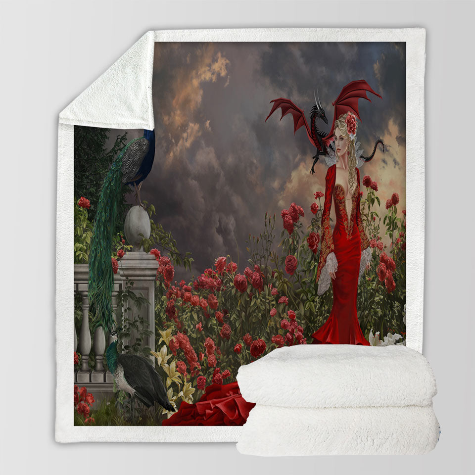 products/Roses-Sherpa-Blanket-Garden-Peacocks-Dragon-and-Beautiful-Red-Dressed-Woman