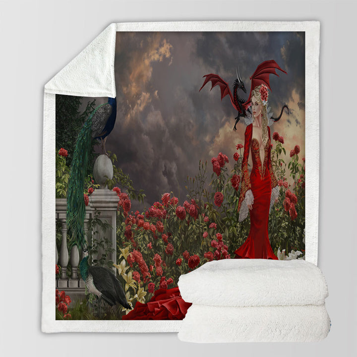 products/Roses-Sherpa-Blanket-Garden-Peacocks-Dragon-and-Beautiful-Red-Dressed-Woman