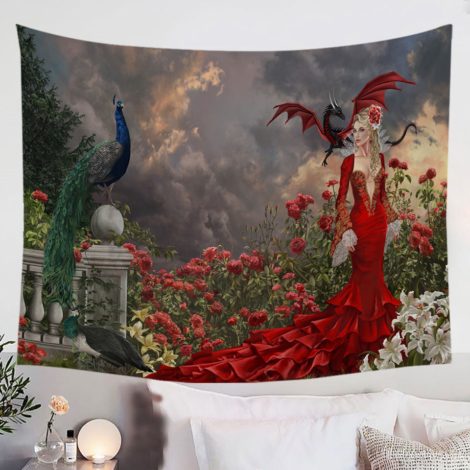 Roses-Tapestry-Garden-Peacocks-Dragon-and-Beautiful-Red-Dressed-Woman