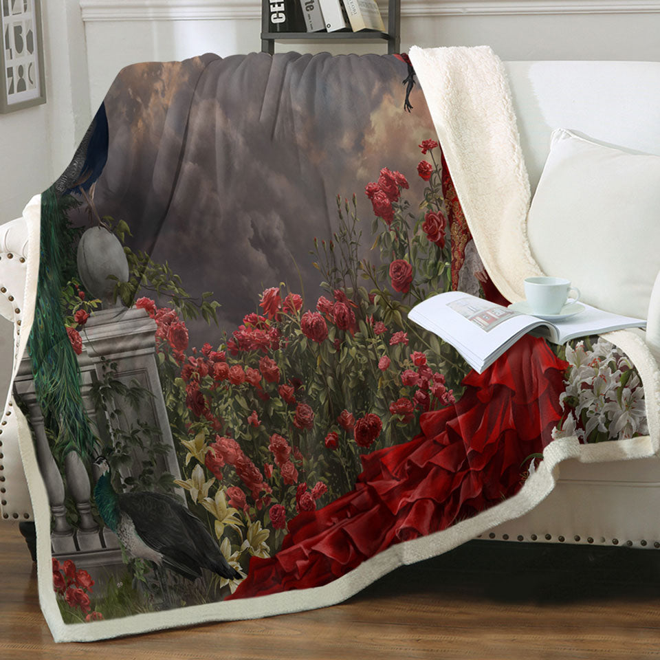 products/Roses-Throw-Blanket-Garden-Peacocks-Dragon-and-Beautiful-Red-Dressed-Woman