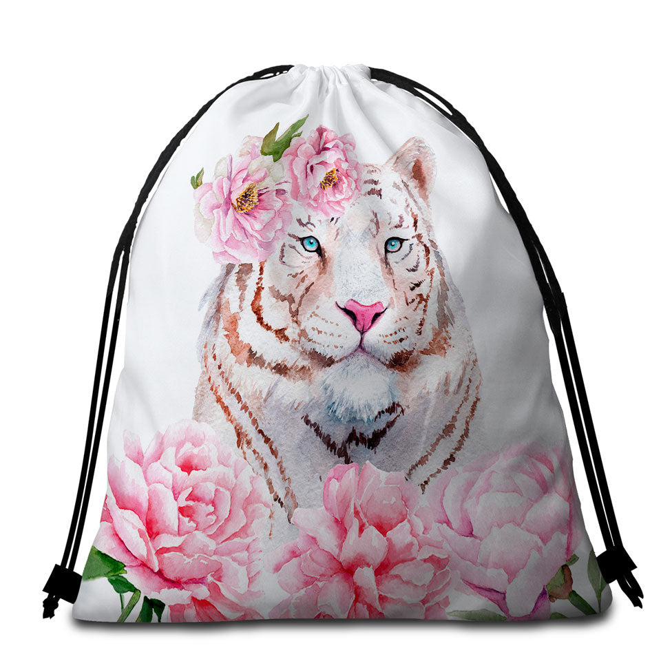 Rosy Lady White Tiger Beach Towel Bags for Girls