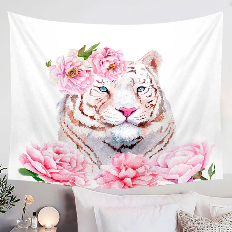 Rosy Lady White Tiger Wall Decor Tapestry