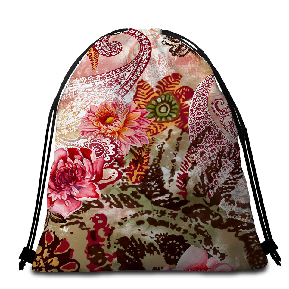 Rosy Oriental Flowers Beach Towel Bags