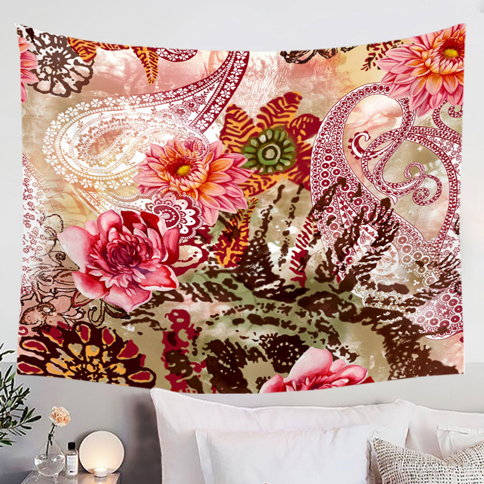Rosy Oriental Flowers Hanging Fabric On Wall