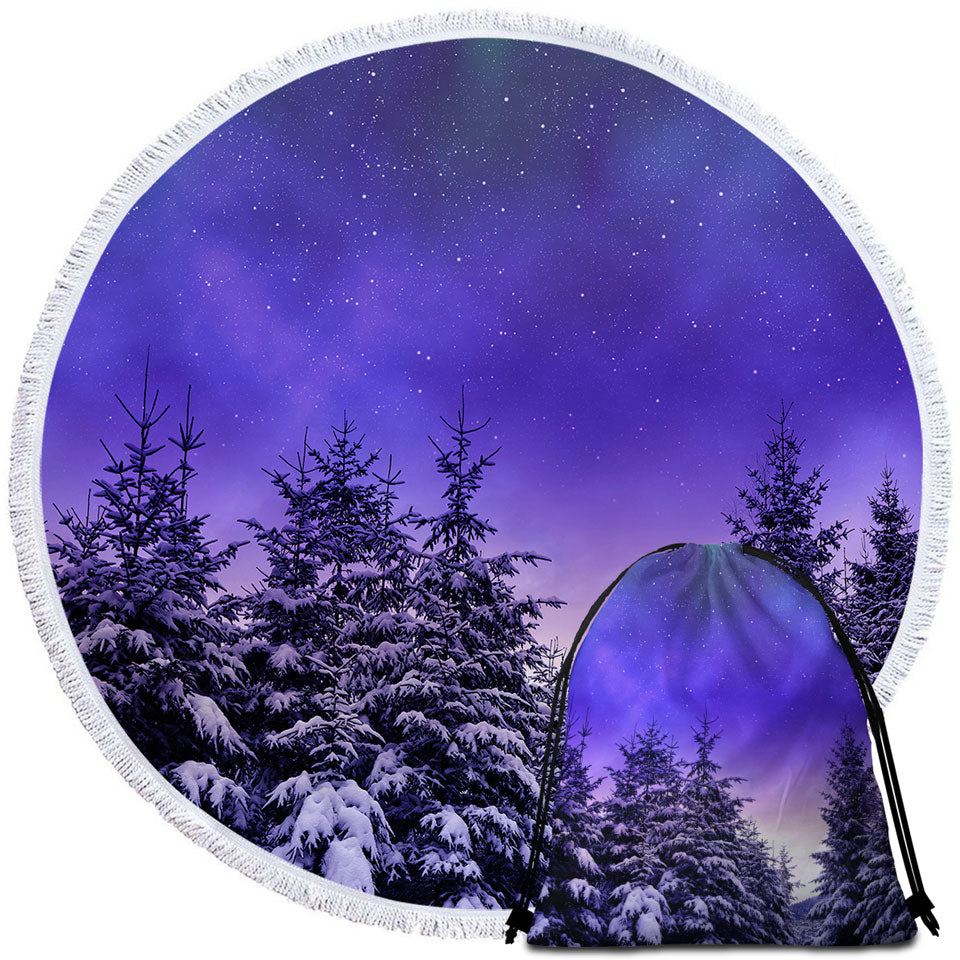 Round Beach Towel Features Bright Winter Night in the Snowy Forest