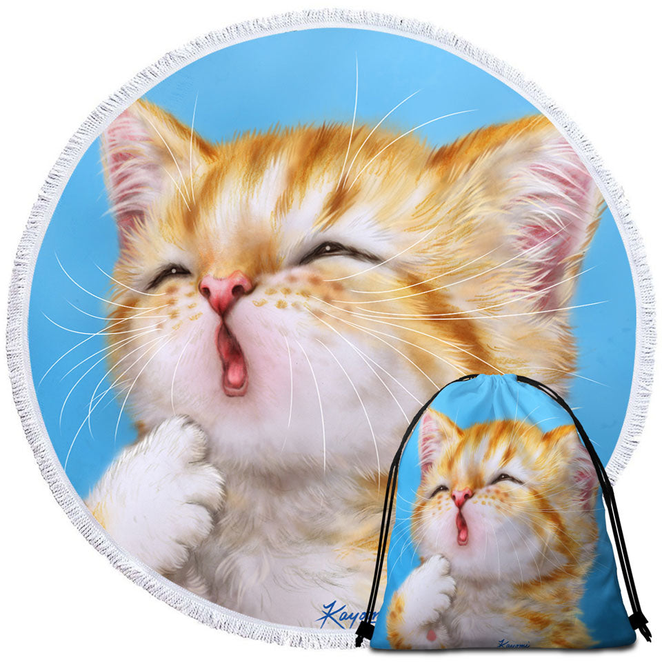 Round Beach Towel Funny Cat Art Paintings Yawning Ginger Kitten