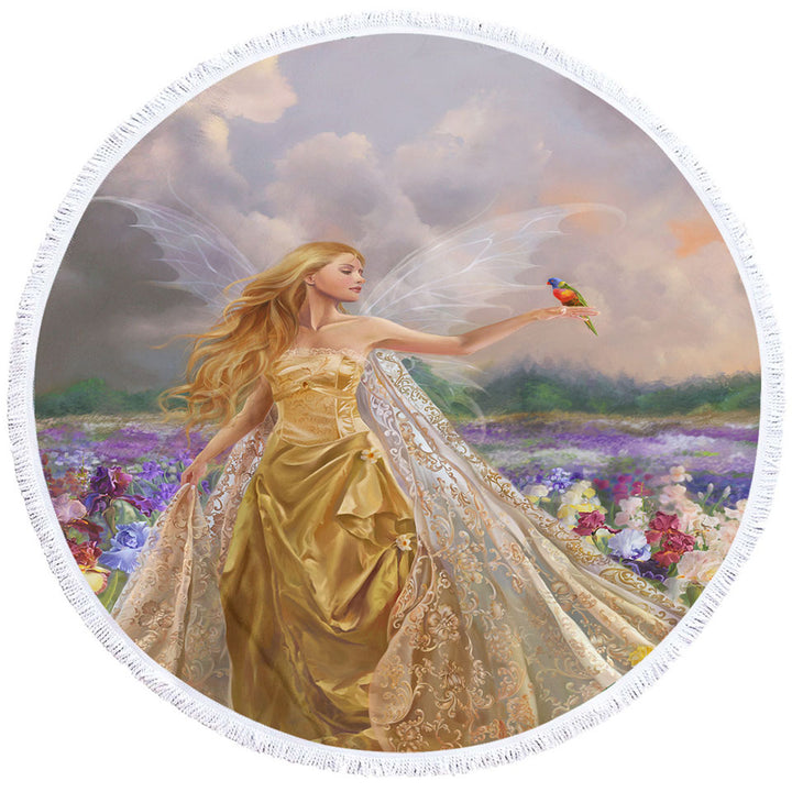 Round Beach Towel for Girls Flower Field and the Beautiful Blonde Fairy