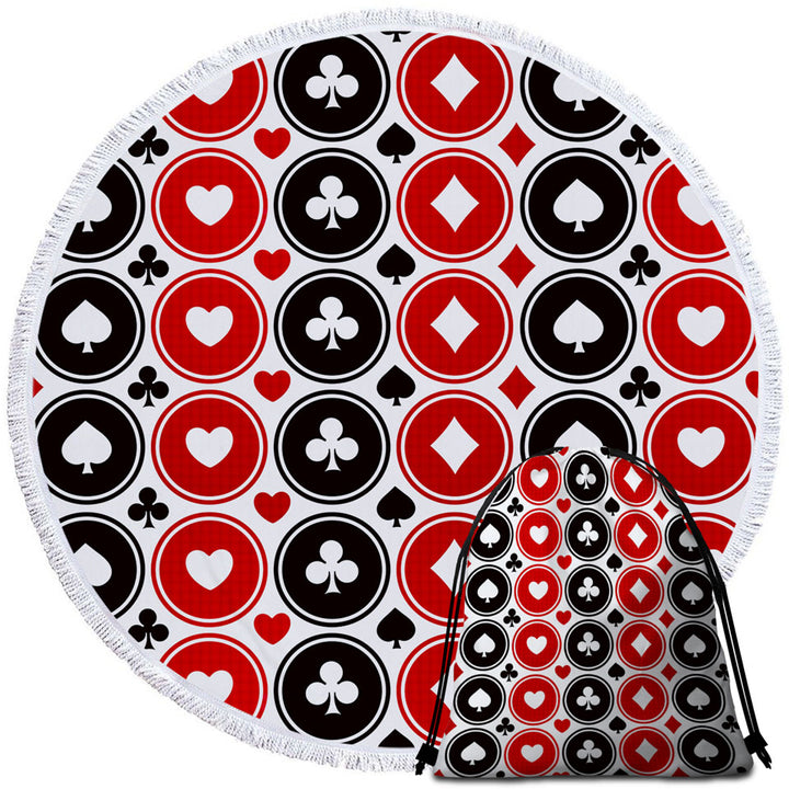 Round Beach Towel for Guys Clubs Diamonds Hearts Spades Chips