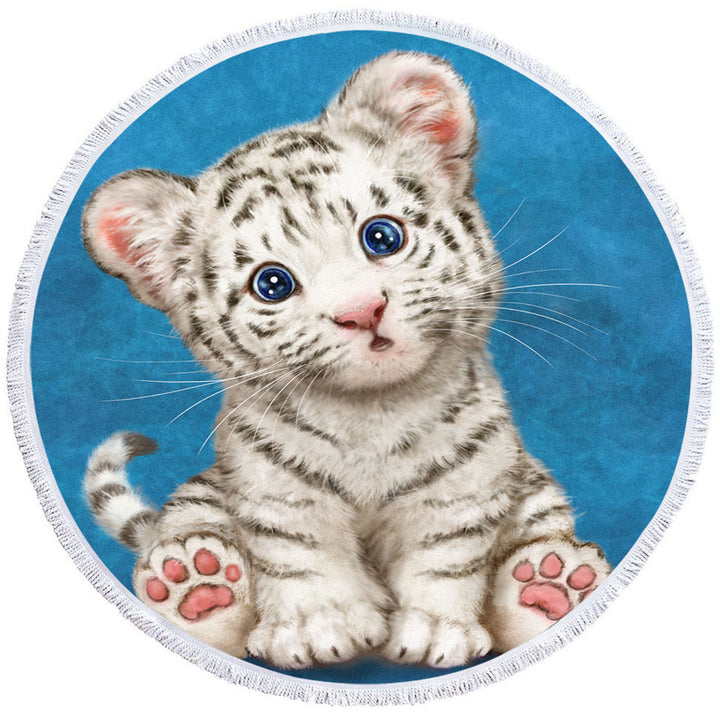 Round Beach Towel for Kids Design Baby Blue Eyes White Tiger Cub