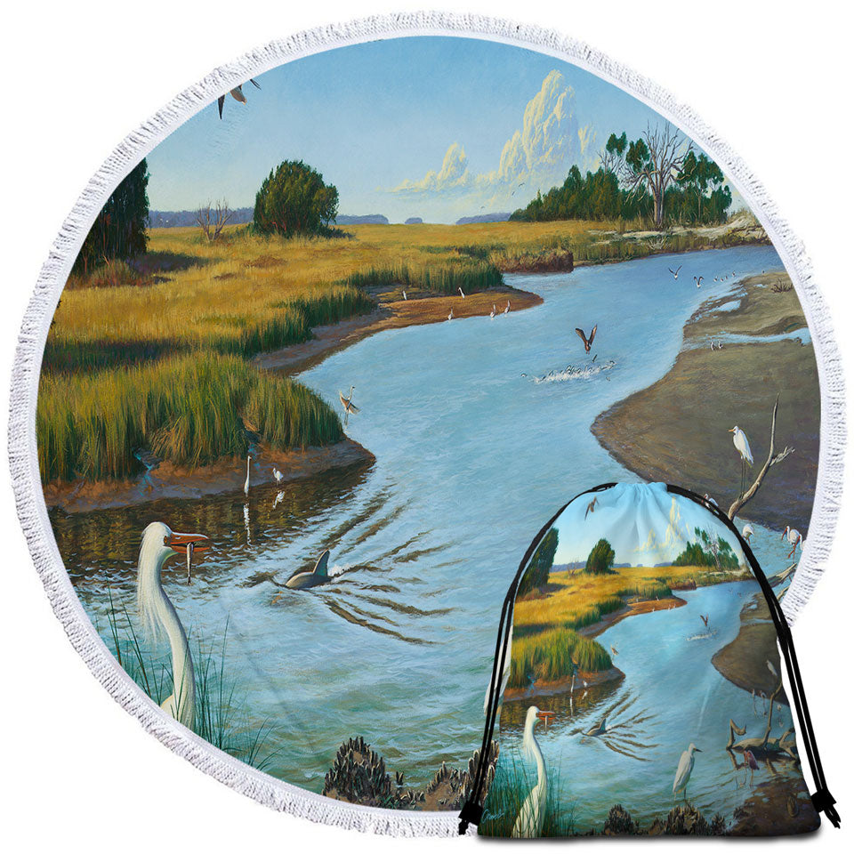 Round Beach Towel of Nature Lake Art Birds of Paradise